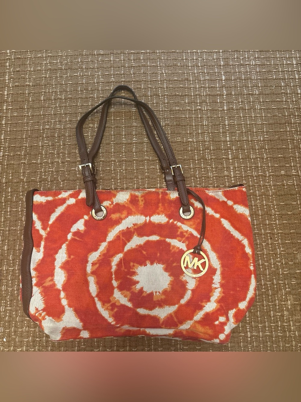 Michael Kors Orange and White Tie-Dye Canvas Tote with Brown Leather Handles